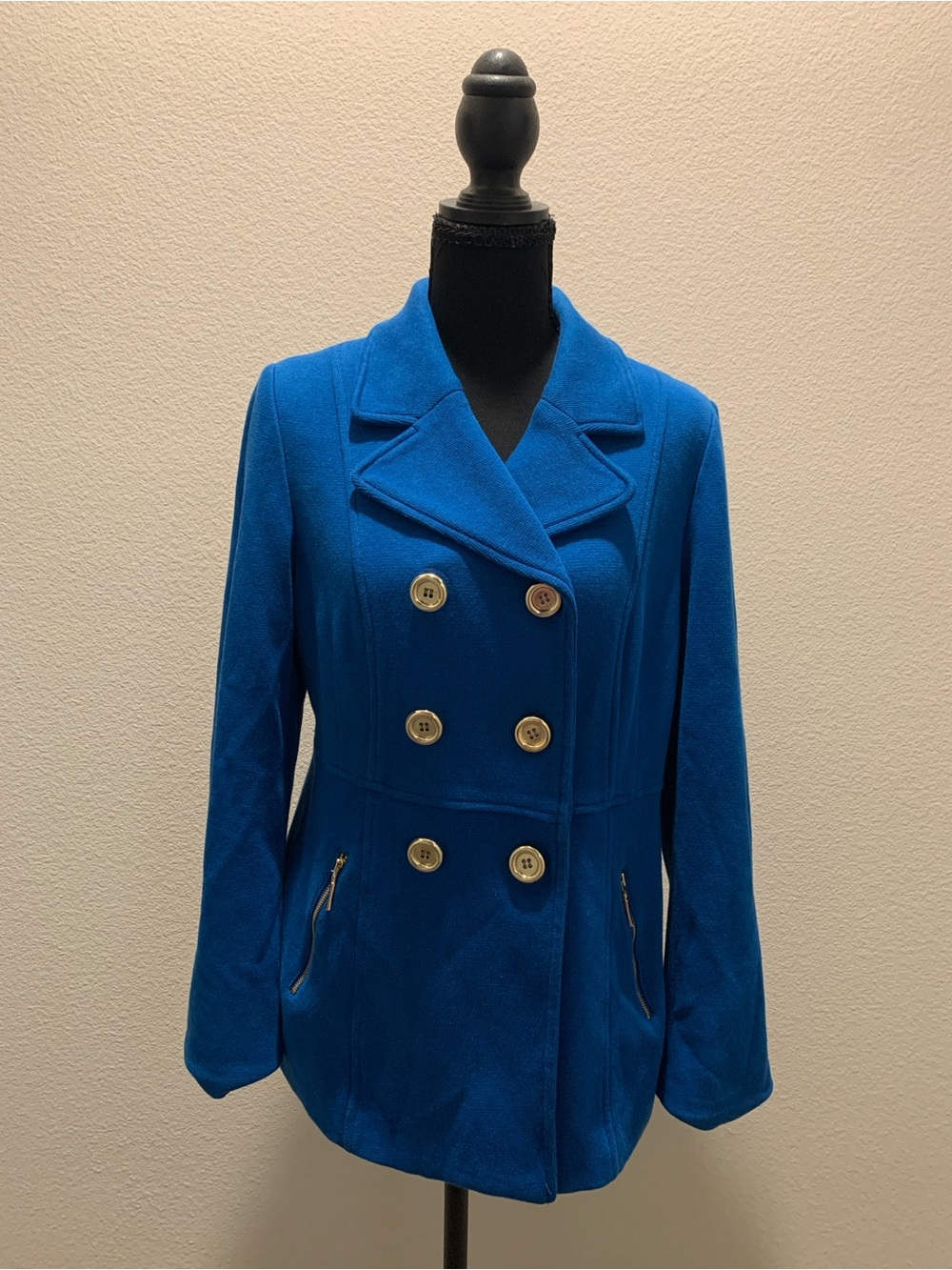 Alfani Petite Royal Blue Double-Breasted Peacoat with Gold Buttons (Size 12P)